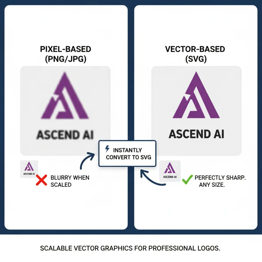 A pixel-based PNG logo that blurs when scaled next to a vector SVG that stays sharp.